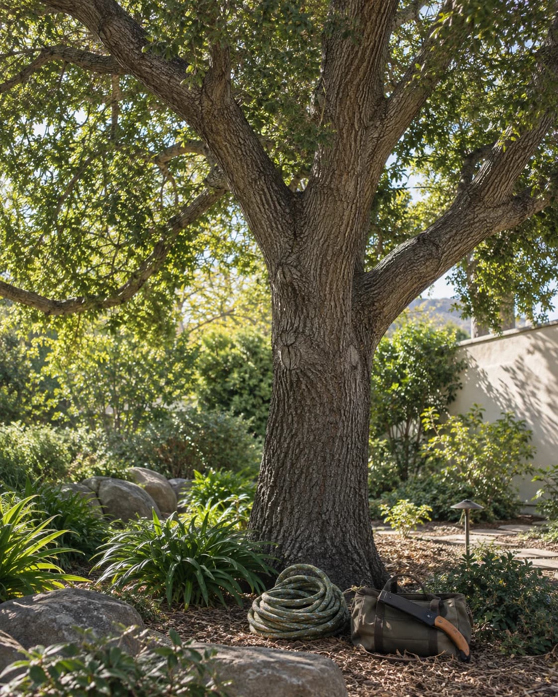 Oak tree canopy in a landscaped garden